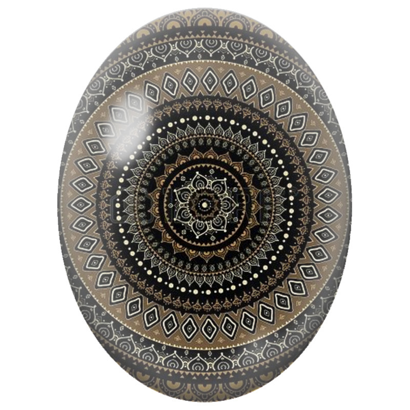 Cabochon en Verre Illustré Mandala Oriental Noir, Marron et Ivoire 13x18, 18x25 ou 30x40mm