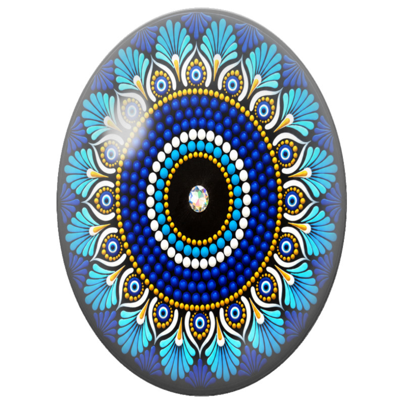 Cabochon en Verre Illustré Mandala Pointilliste Bleu, Blanc et Or sur Fond Noir 13x18, 18x25 ou 30x40mm
