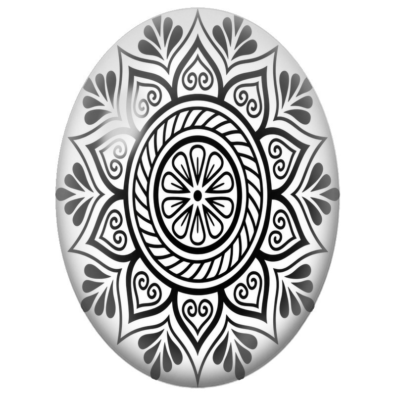 Cabochon en Verre Illustré Mandala Graphique Noir et Blanc aux Spirales 13x18, 18x25 ou 30x40mm