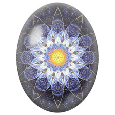 Cabochon en Verre Illustré Mandala Lumineux Bleu, Blanc et Or sur Fond Noir pour la Création de Bijoux Fantaisie - DIY