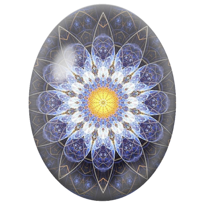 Cabochon en Verre Illustré Mandala Lumineux Bleu, Blanc et Or sur Fond Noir 13x18, 18x25 ou 30x40mm