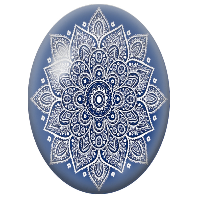 Cabochon en Verre Illustré Mandala Oriental Blanc sur Fond Bleu Nuit 13x18, 18x25 ou 30x40mm