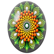 Cabochon en Verre Illustré Mandala Pointilliste Orange et Vert sur Fond Noir pour la Création de Bijoux Fantaisie - DIY
