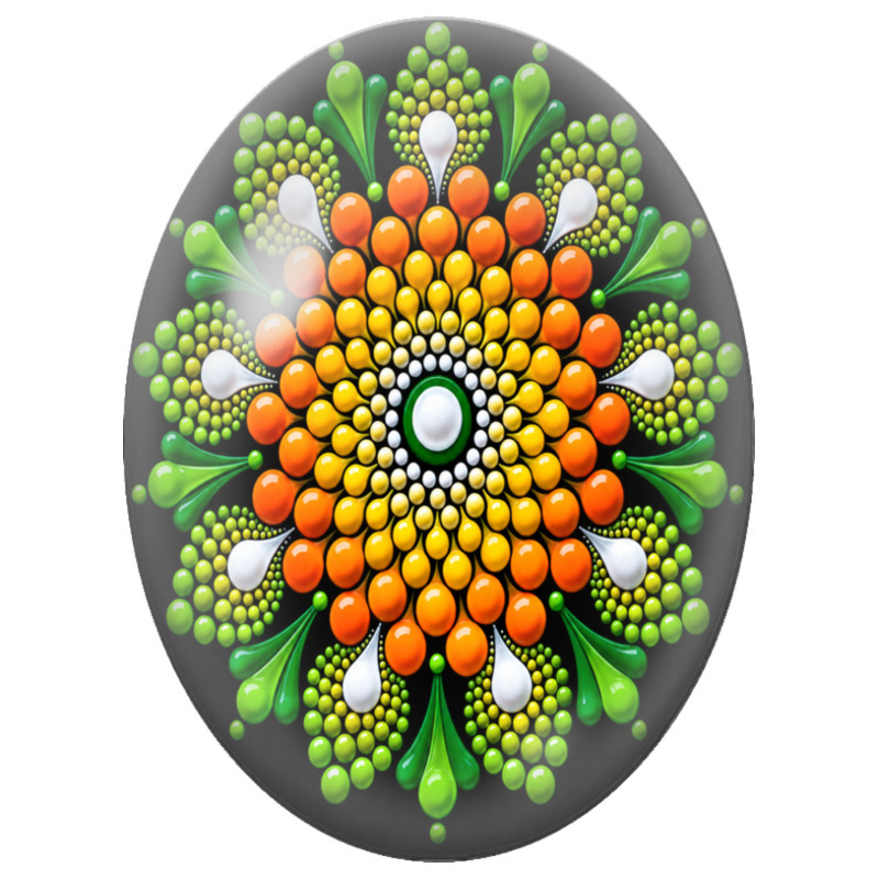 Cabochon en Verre Illustré Mandala Pointilliste Orange et Vert sur Fond Noir 13x18, 18x25 ou 30x40mm