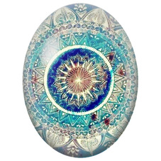 Cabochon en Verre Illustré Mandala Oriental Turquoise et Ivoire Patiné pour la Création de Bijoux Fantaisie - DIY
