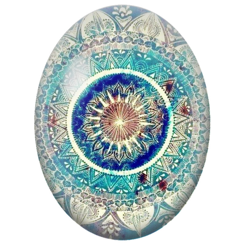 Cabochon en Verre Illustré Mandala Oriental Turquoise et Ivoire Patiné 13x18, 18x25 ou 30x40mm