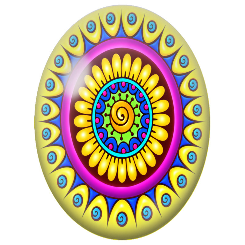 Cabochon en Verre Illustré Mandala Solaire Jaune, Rose et Bleu 13x18, 18x25 ou 30x40mm