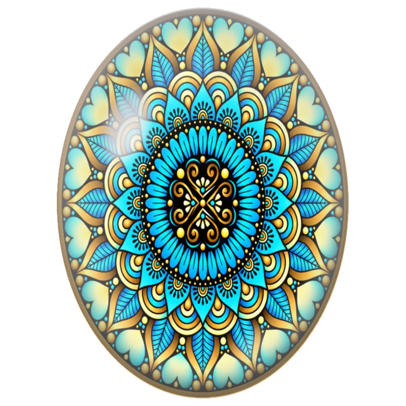 Cabochon en Verre Illustré Mandala Floral Turquoise et Or 13x18, 18x25 ou 30x40mm