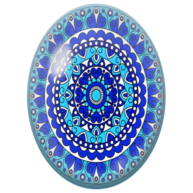 Cabochon en Verre Illustré Mandala Graphique Bleu et Blanc 13x18, 18x25 ou 30x40mm