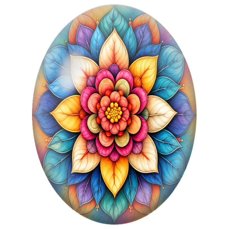 Cabochon en Verre Illustré Mandala Jardin Floral Multicolore 13x18, 18x25 ou 30x40mm
