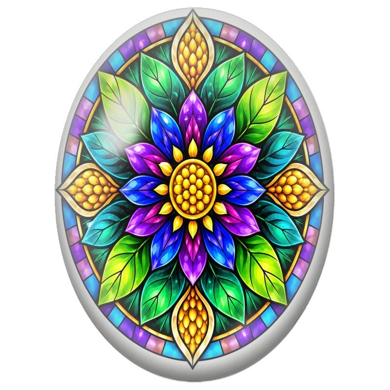 Cabochon en Verre Illustré Mandala Floral Précieux Vert, Bleu et Violet 13x18, 18x25 ou 30x40mm