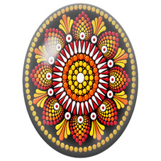 Cabochon en Verre Illustré Mandala Pointilliste Rouge, Orange et Jaune sur Fond Noir pour la Création de Bijoux Fantaisie - DIY