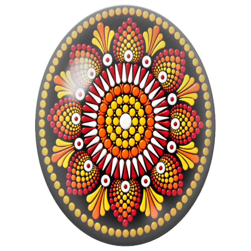 Cabochon en Verre Illustré Mandala Pointilliste Rouge, Orange et Jaune sur Fond Noir 13x18, 18x25 ou 30x40mm