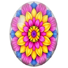 Cabochon en Verre Illustré Mandala Floral Rose, Jaune et Bleu pour la Création de Bijoux Fantaisie - DIY