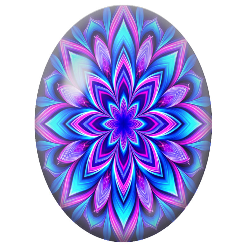 Cabochon en Verre Illustré Mandala Fractal Néon Bleu et Rose 13x18, 18x25 ou 30x40mm
