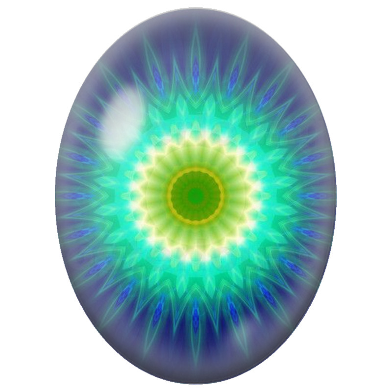 Cabochon en Verre Illustré Mandala Lumineux Vert et Bleu 13x18, 18x25 ou 30x40mm