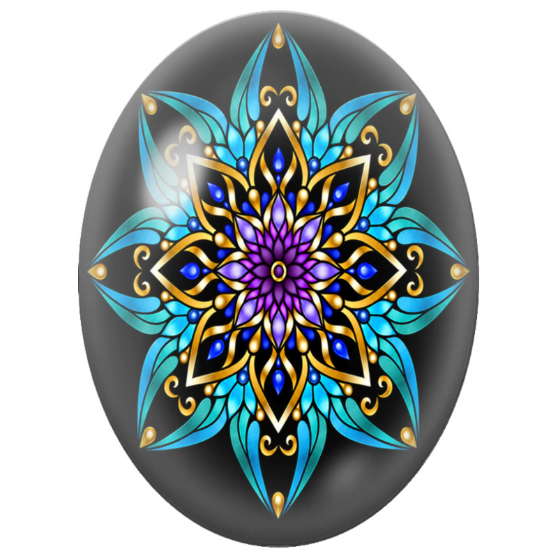 Cabochon en Verre Illustré Mandala Précieux Turquoise, Violet et Or sur Fond Noir 13x18, 18x25 ou 30x40mm