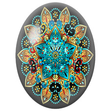 Cabochon en Verre Illustré Mandala Oriental Turquoise, Rouge et Or sur Fond Noir pour la Création de Bijoux Fantaisie - DIY