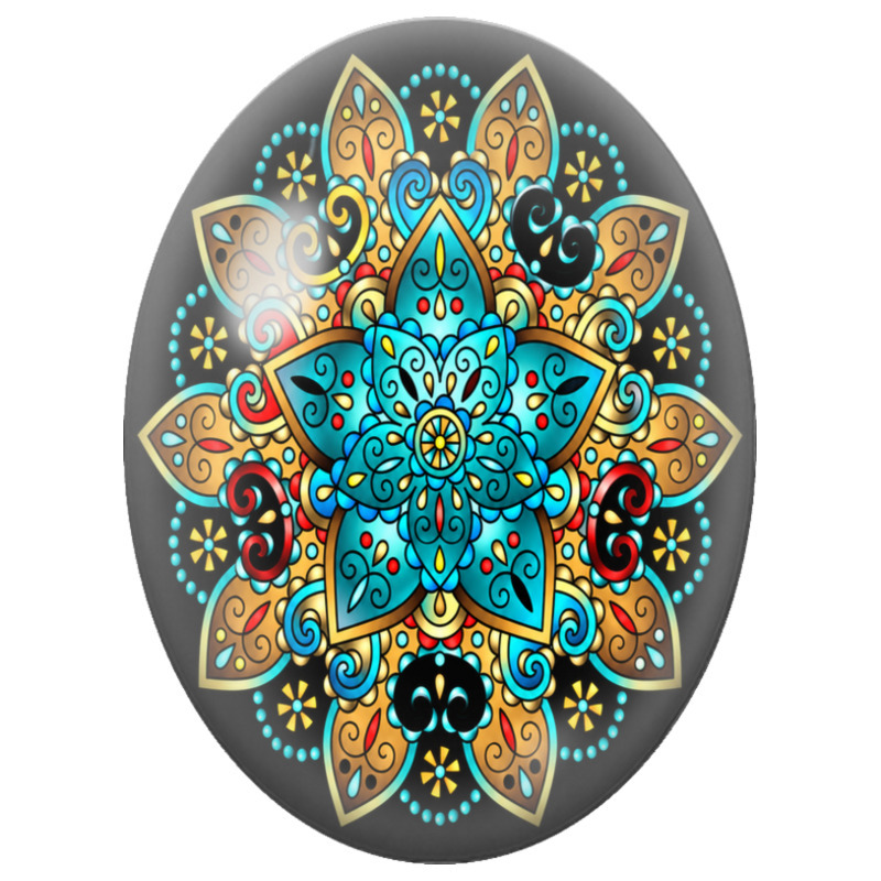 Cabochon en Verre Illustré Mandala Oriental Turquoise, Rouge et Or sur Fond Noir 13x18, 18x25 ou 30x40mm