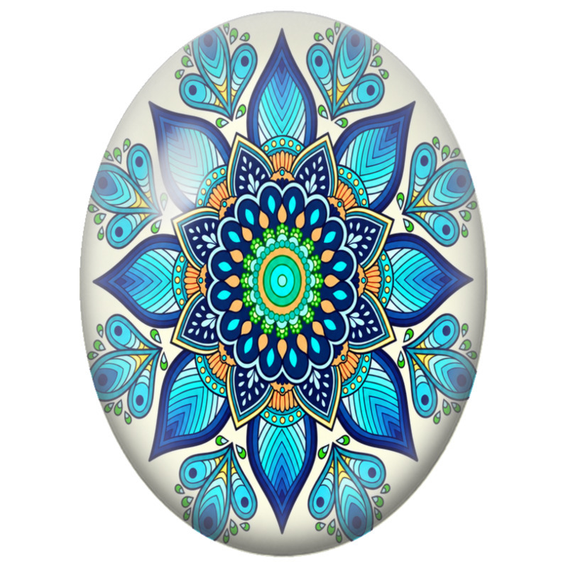 Cabochon en Verre Illustré Mandala Floral Bleu, Turquoise et Vert 13x18, 18x25 ou 30x40mm