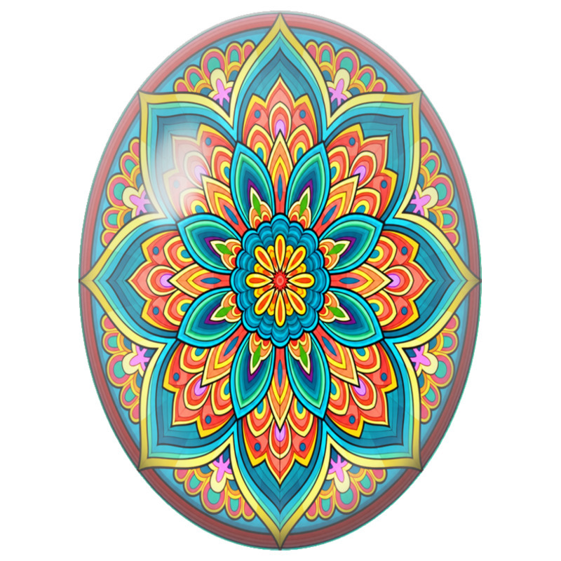 Cabochon en Verre Illustré Mandala Floral Turquoise, Corail et Jaune 13x18, 18x25 ou 30x40mm