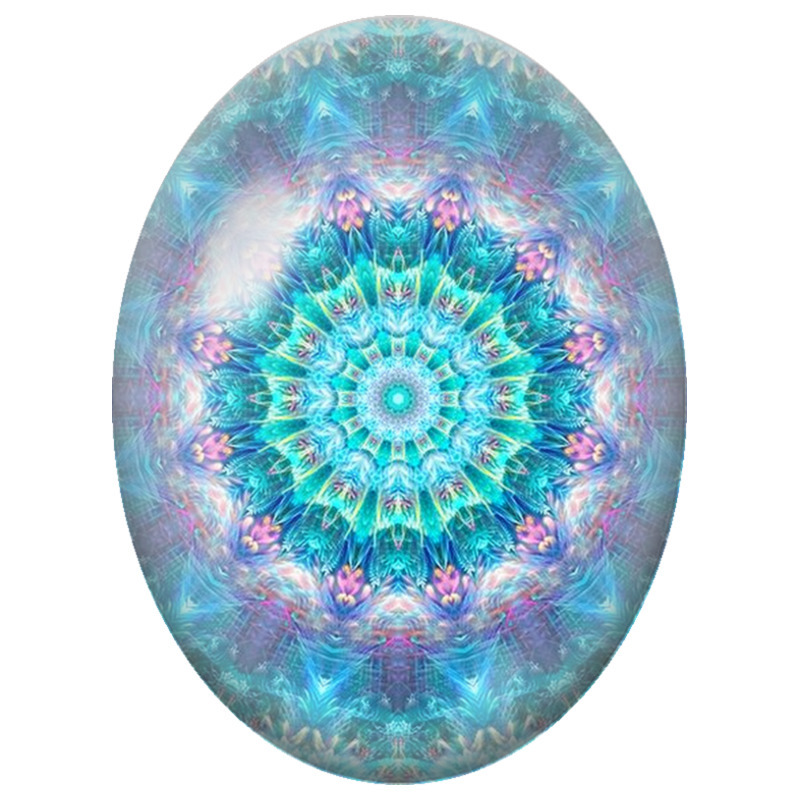 Cabochon en Verre Illustré Mandala Fractal Turquoise et Rose 13x18, 18x25 ou 30x40mm