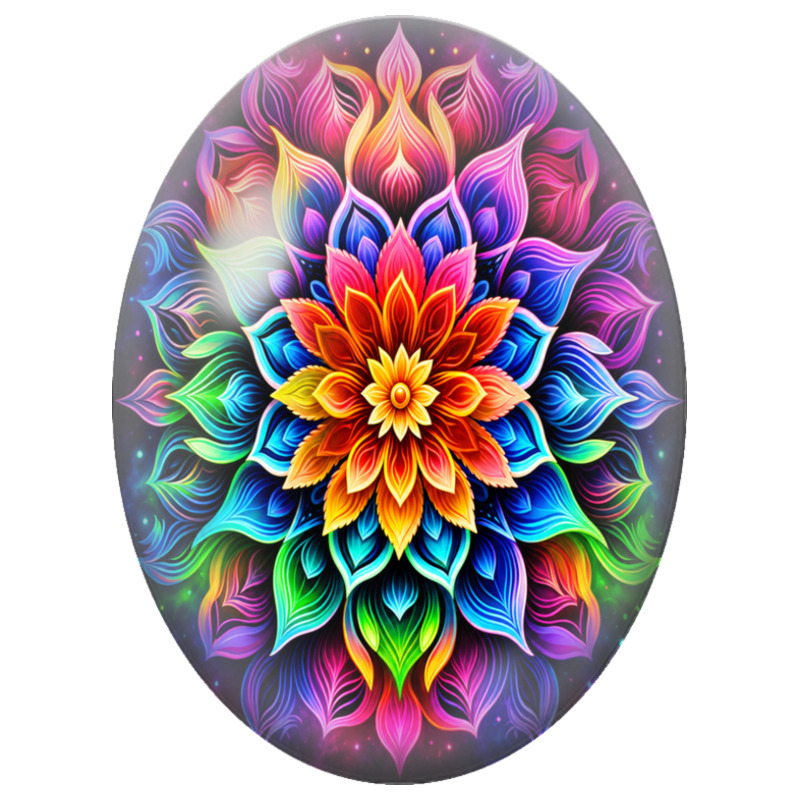 Cabochon en Verre Illustré Mandala Floral Arc-en-Ciel sur Fond Nuit 13x18, 18x25 ou 30x40mm
