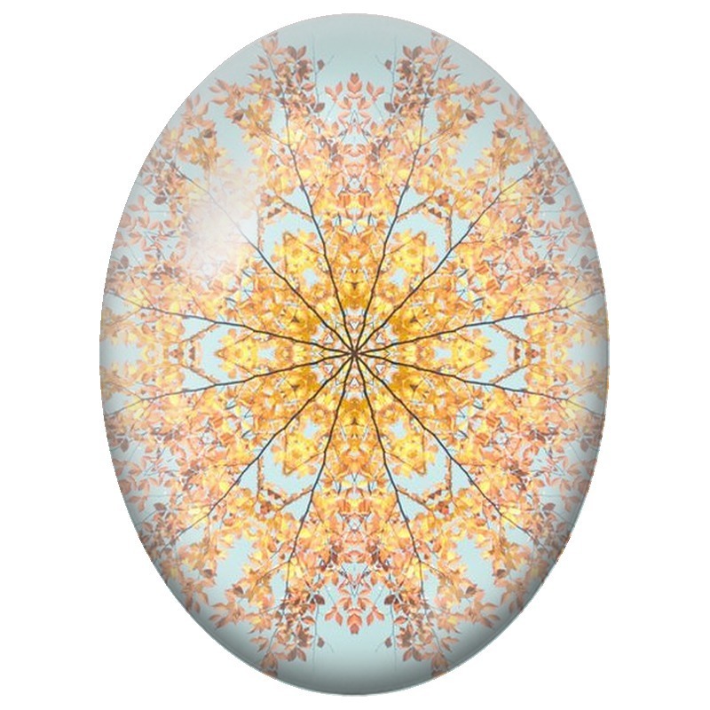 Cabochon en Verre Illustré Mandala Feuillage d’Automne sur Fond Bleu 13x18, 18x25 ou 30x40mm