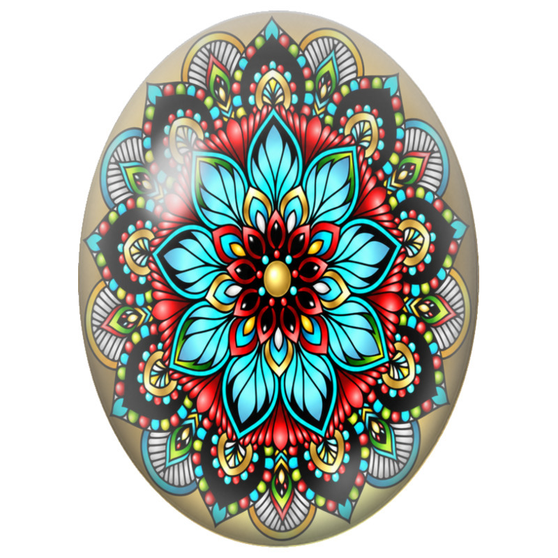 Cabochon en Verre Illustré Mandala Floral Rouge, Turquoise et Or 13x18, 18x25 ou 30x40mm