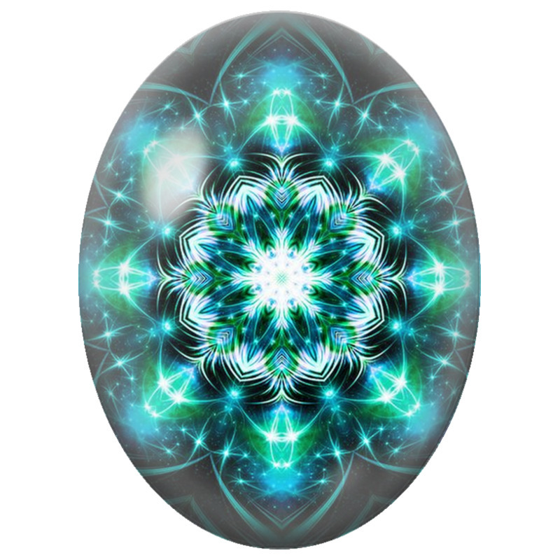 Cabochon en Verre Illustré Mandala Cosmique Vert et Turquoise 13x18, 18x25 ou 30x40mm