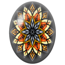 Cabochon en Verre Illustré Mandala Floral Orange, Gris et Or sur Fond Noir pour la Création de Bijoux Fantaisie - DIY