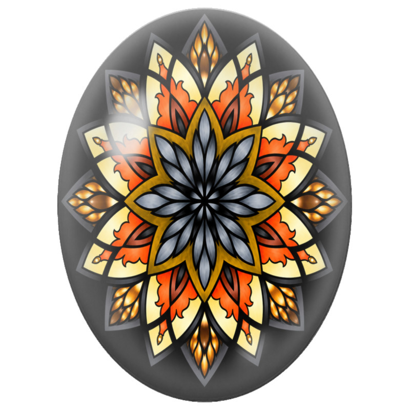 Cabochon en Verre Illustré Mandala Floral Orange, Gris et Or sur Fond Noir 13x18, 18x25 ou 30x40mm