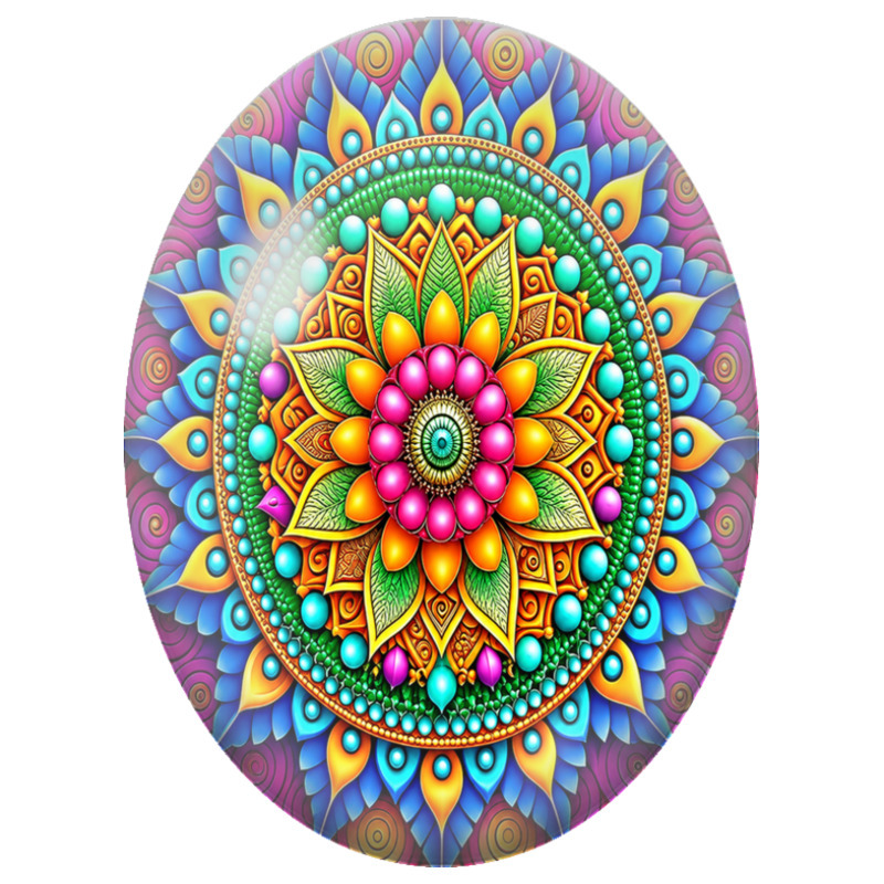 Cabochon en Verre Illustré Mandala Floral Rose, Vert et Bleu 13x18, 18x25 ou 30x40mm