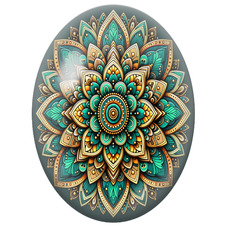 Cabochon en Verre Illustré Mandala Oriental Turquoise et Or sur Fond Sombre pour la Création de Bijoux Fantaisie - DIY