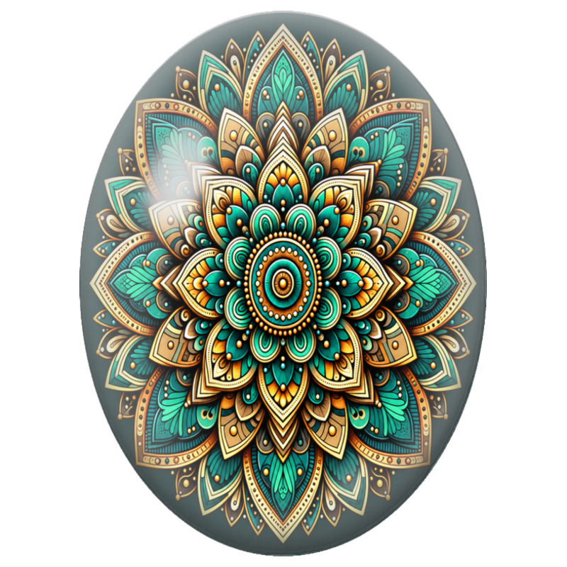 Cabochon en Verre Illustré Mandala Oriental Turquoise et Or sur Fond Sombre 13x18, 18x25 ou 30x40mm