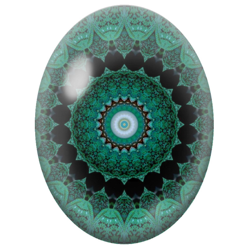 Cabochon en Verre Illustré Mandala Fractal Vert sur Fond Noir 13x18, 18x25 ou 30x40mm