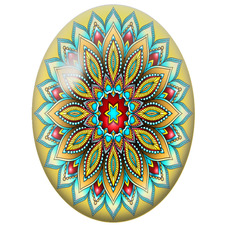 Cabochon en Verre Illustré Mandala Oriental Turquoise, Rouge et Or sur Fond Jaune pour la Création de Bijoux Fantaisie - DIY