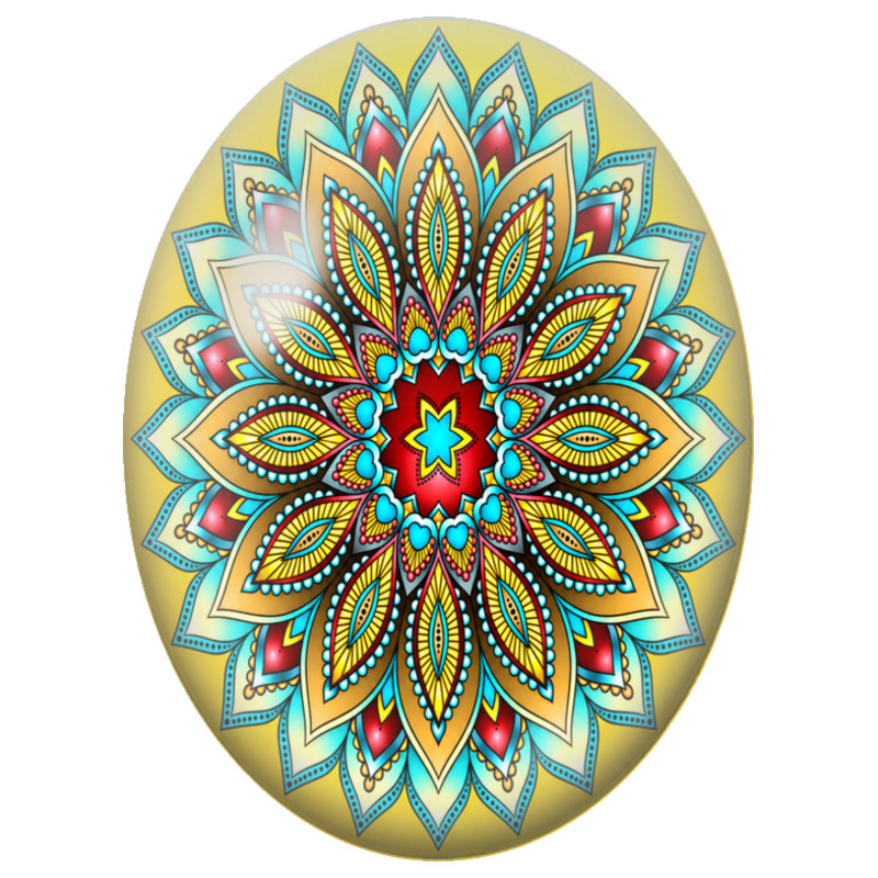 Cabochon en Verre Illustré Mandala Oriental Turquoise, Rouge et Or sur Fond Jaune 13x18, 18x25 ou 30x40mm