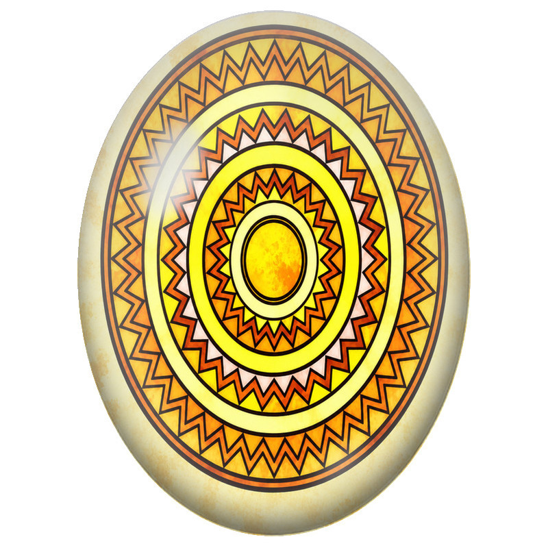 Cabochon en Verre Illustré Mandala Géométrique Orange et Jaune 13x18, 18x25 ou 30x40mm