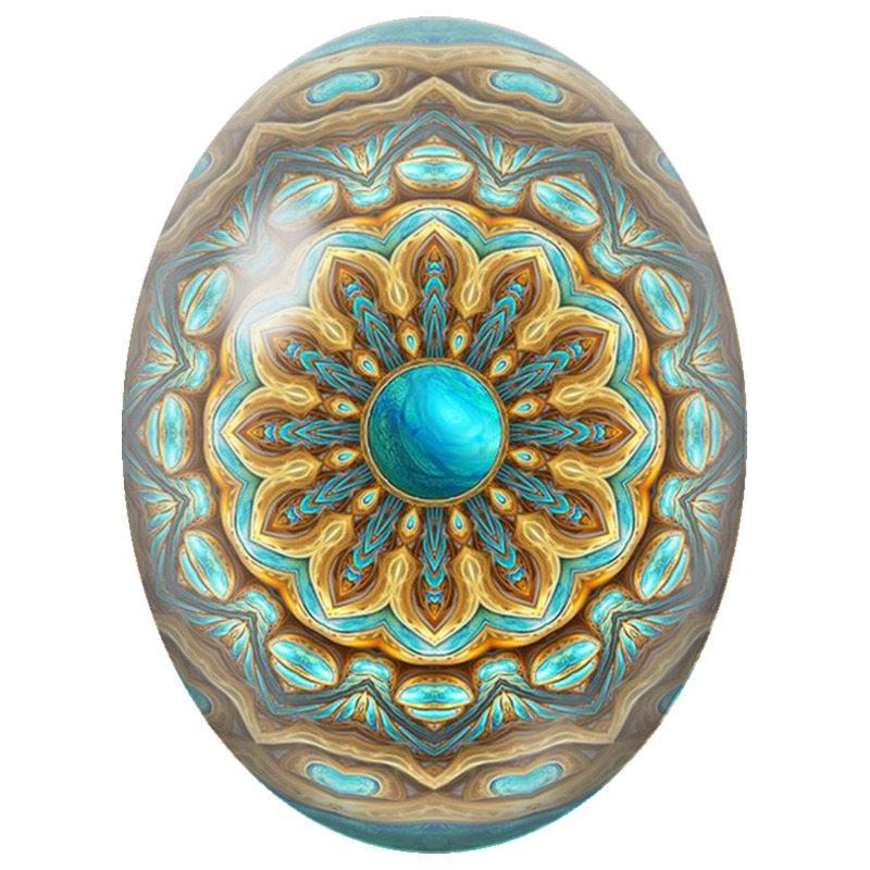 Cabochon en Verre Illustré Mandala Précieux Turquoise et Or 13x18, 18x25 ou 30x40mm