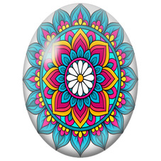 Cabochon en Verre Illustré Mandala Floral Turquoise, Rose et Jaune pour la Création de Bijoux Fantaisie - DIY