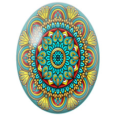 Cabochon en Verre Illustré Mandala Oriental Turquoise, Rouge et Jaune pour la Création de Bijoux Fantaisie - DIY