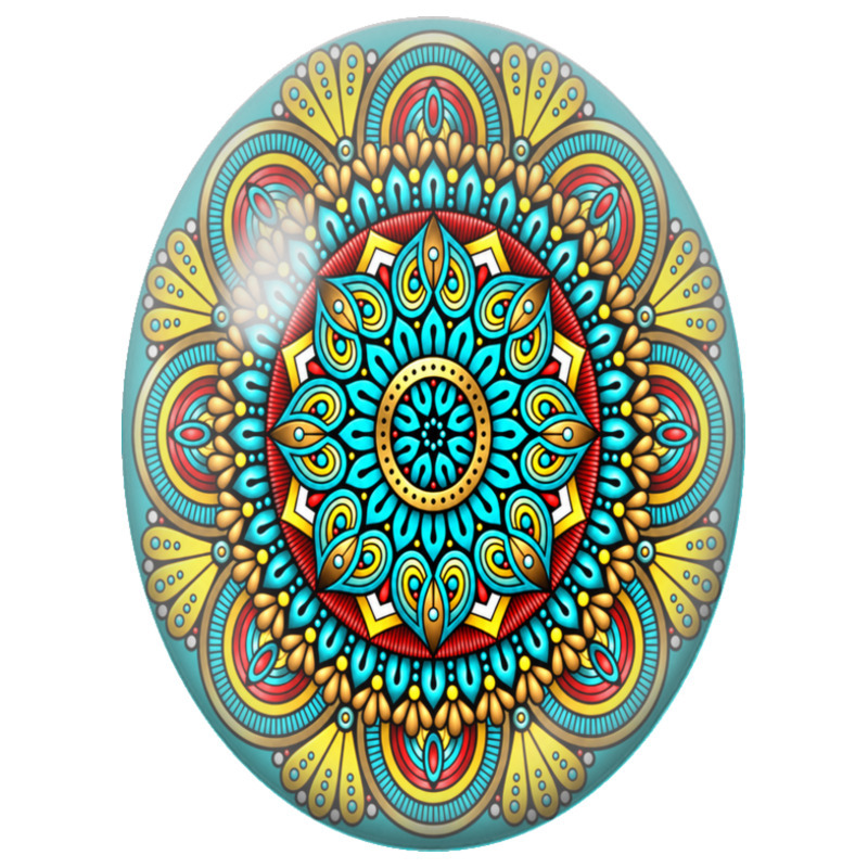 Cabochon en Verre Illustré Mandala Oriental Turquoise, Rouge et Jaune 13x18, 18x25 ou 30x40mm
