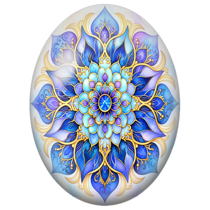 Cabochon en Verre Illustré Mandala Précieux Bleu, Violet et Or 13x18, 18x25 ou 30x40mm