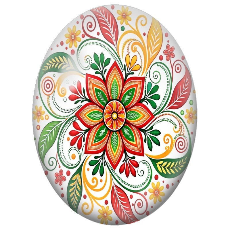 Cabochon en Verre Illustré Mandala Floral Rouge, Vert et Orange 13x18, 18x25 ou 30x40mm