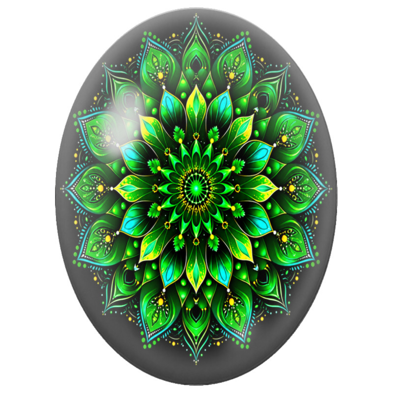 Cabochon en Verre Illustré Mandala Floral Vert sur Fond Noir 13x18, 18x25 ou 30x40mm