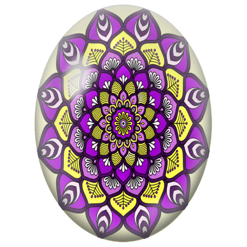 Cabochon en Verre Illustré Mandala Floral Violet et Jaune 13x18, 18x25 ou 30x40mm
