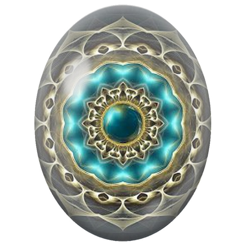 Cabochon en Verre Illustré Mandala Lumineux Turquoise et Or 13x18, 18x25 ou 30x40mm