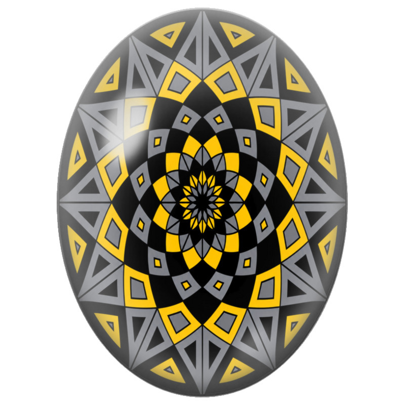 Cabochon en Verre Illustré Mandala Géométrique Jaune, Gris et Noir 13x18, 18x25 ou 30x40mm
