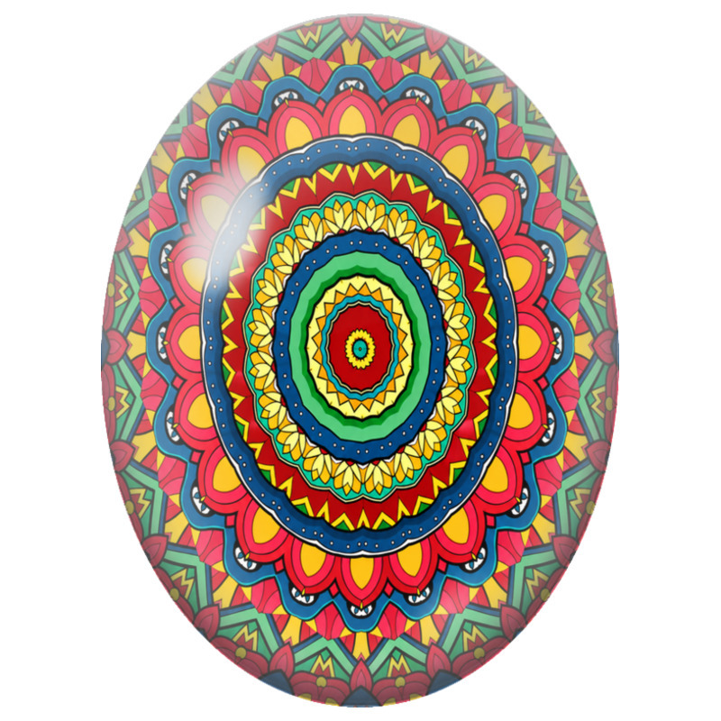 Cabochon en Verre Illustré Mandala Floral Rouge, Vert et Bleu 13x18, 18x25 ou 30x40mm